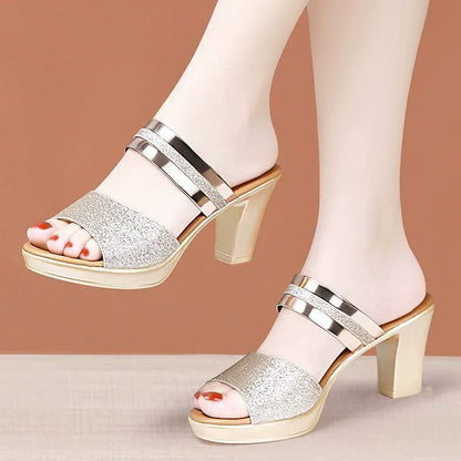 women's sandals summer 2024 Ladies Sequin Fabric High Heels Buckle Cool woman sandals Summer Casual Open Toe slippers Ladies