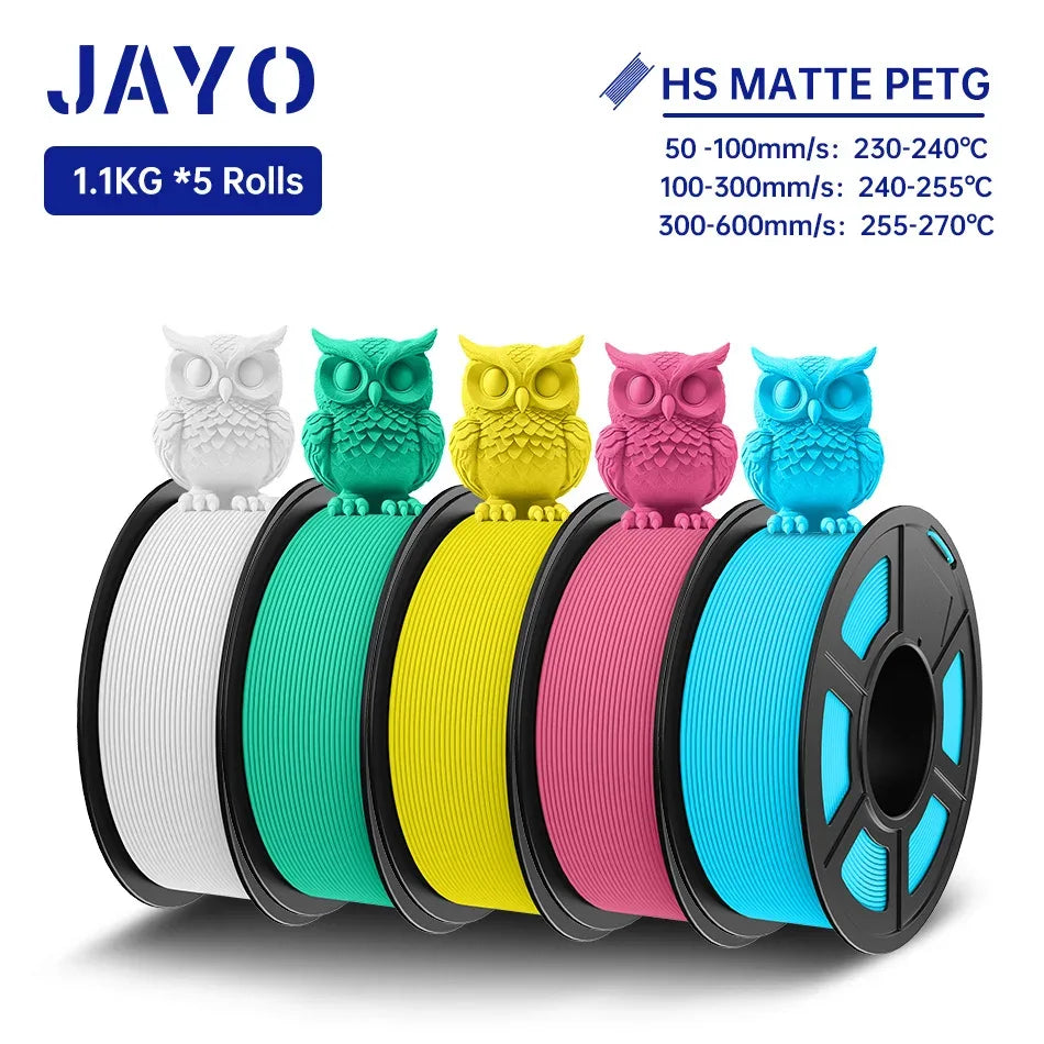 JAYO PETG 3D Filament 1.75MM High Speed PETG 3D Printer Filament 5Rolls High Flow Speedy Matte Effect 3D Printing Mateials