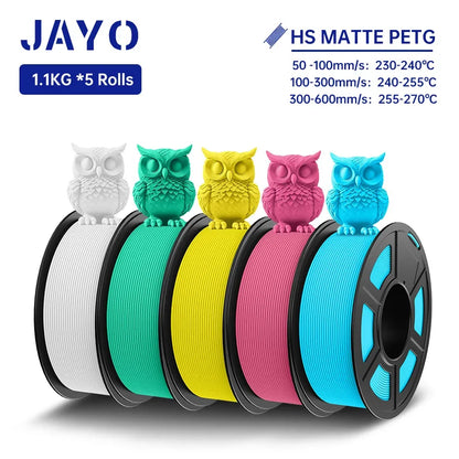 JAYO PETG 3D Filament 1.75MM High Speed PETG 3D Printer Filament 5Rolls High Flow Speedy Matte Effect 3D Printing Mateials