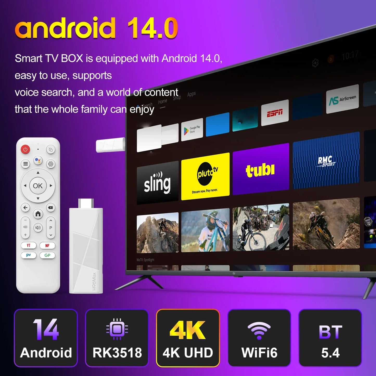 H96 MAX RK3518 Stick mini TV Box Android14.0 Wifi6 BT5.4 4KHD Dongle 100M Ethernet Google Voice Assistant Media Player TV Stick