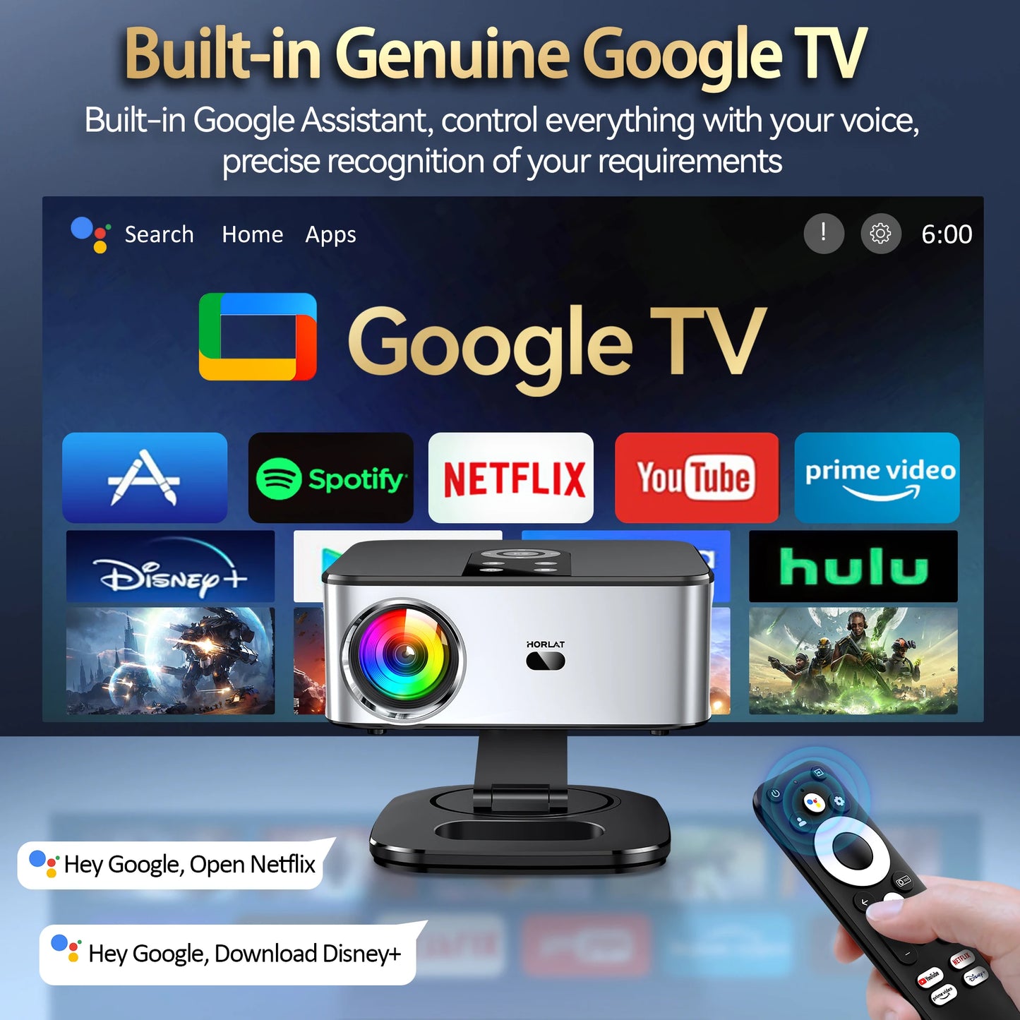 HORLAT Google TV Projector 40000 Lumens Bluetooth Voice Control Auto Focus Android 11 WiFi 6 4K UHD Home Theater Movie Projector
