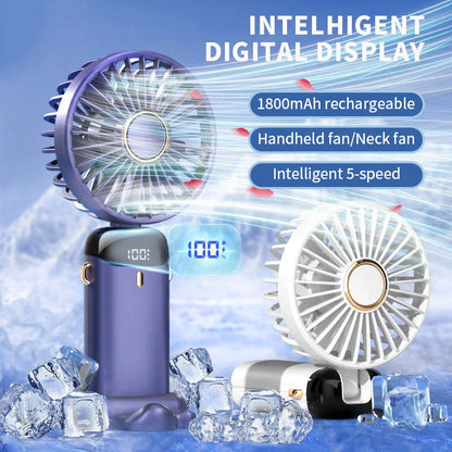 2026 New Handheld Mini Fan Foldable Neck Hanging Fans 5 Speed USB Rechargeable Fan with Phone Stand and Display Screen 1800mAh