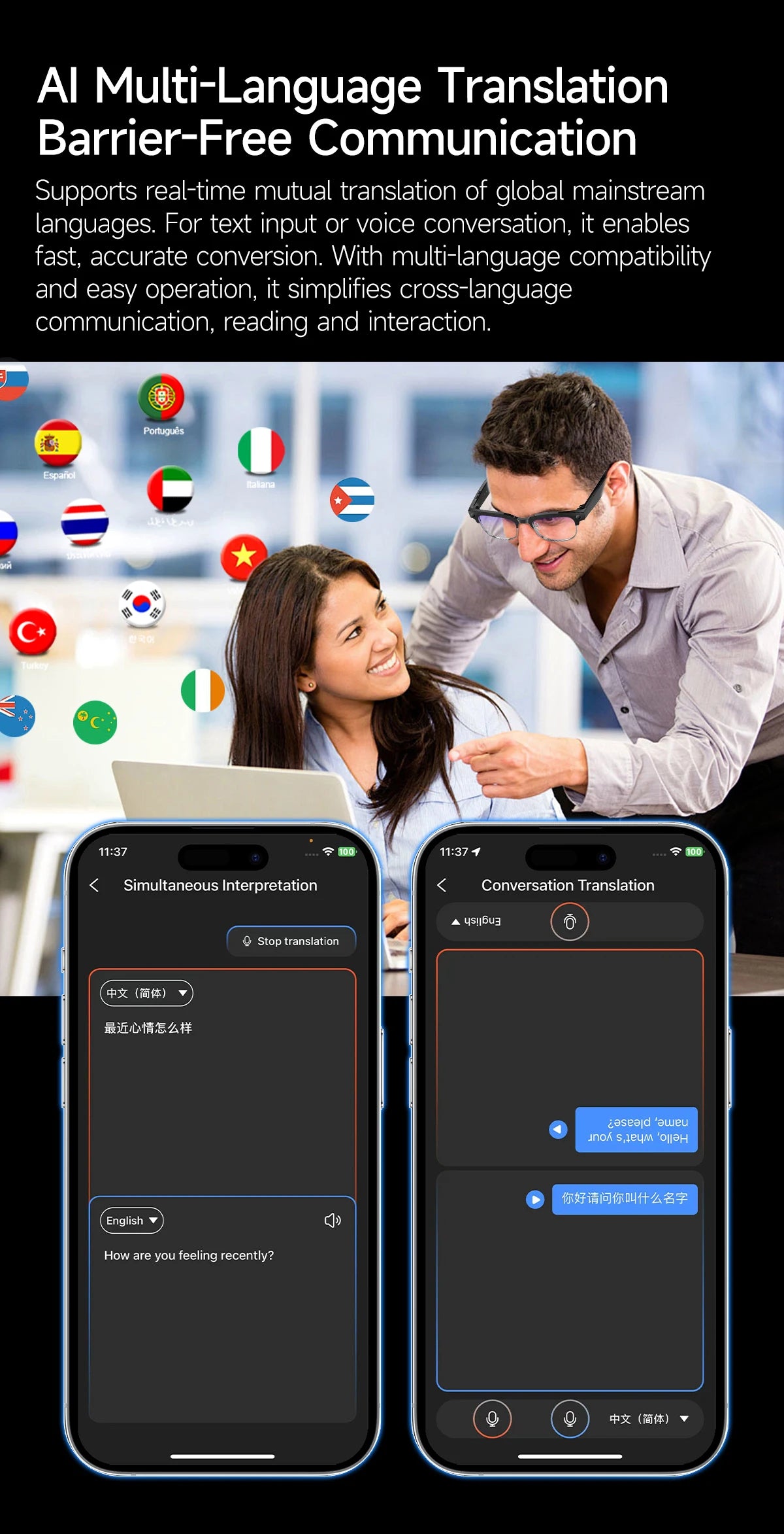 Lunettes intelligentes avec traduction IA, caméra HD 8 mégapixels, stabilisation optique de l'image, double microphone et réduction du bruit.