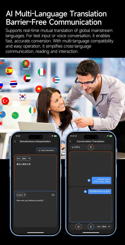 Lunettes intelligentes avec traduction IA, caméra HD 8 mégapixels, stabilisation optique de l'image, double microphone et réduction du bruit.