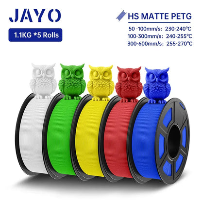 JAYO PETG 3D Filament 1.75MM High Speed PETG 3D Printer Filament 5Rolls High Flow Speedy Matte Effect 3D Printing Mateials