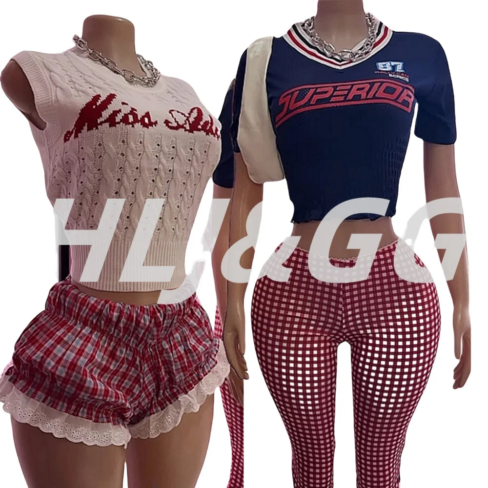 HLJ&GG White Knit Letter Fashion Y2K Outfits Women O Neck Sleeveless Slim Crop Top + Lace Plaid Shorts Two Piece Sets Streetwear