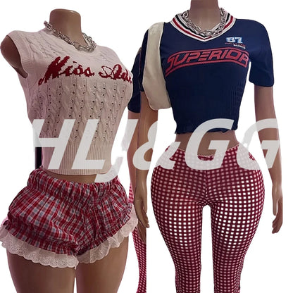 HLJ&GG White Knit Letter Fashion Y2K Outfits Women O Neck Sleeveless Slim Crop Top + Lace Plaid Shorts Two Piece Sets Streetwear
