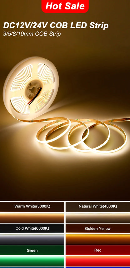 3mm 5mm 8mm COB LED Strip 12V 24V Dimmable Tape LED Ice Blue Yellow Red Green Pink White For Home Decor RA90 LED Strip Lighting