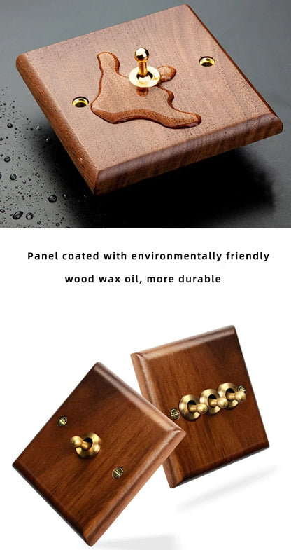 Black walnut retro European retro wall lamp switch socket, solid wood brass toggle switch board 1-4Gang 2Way antique home switch