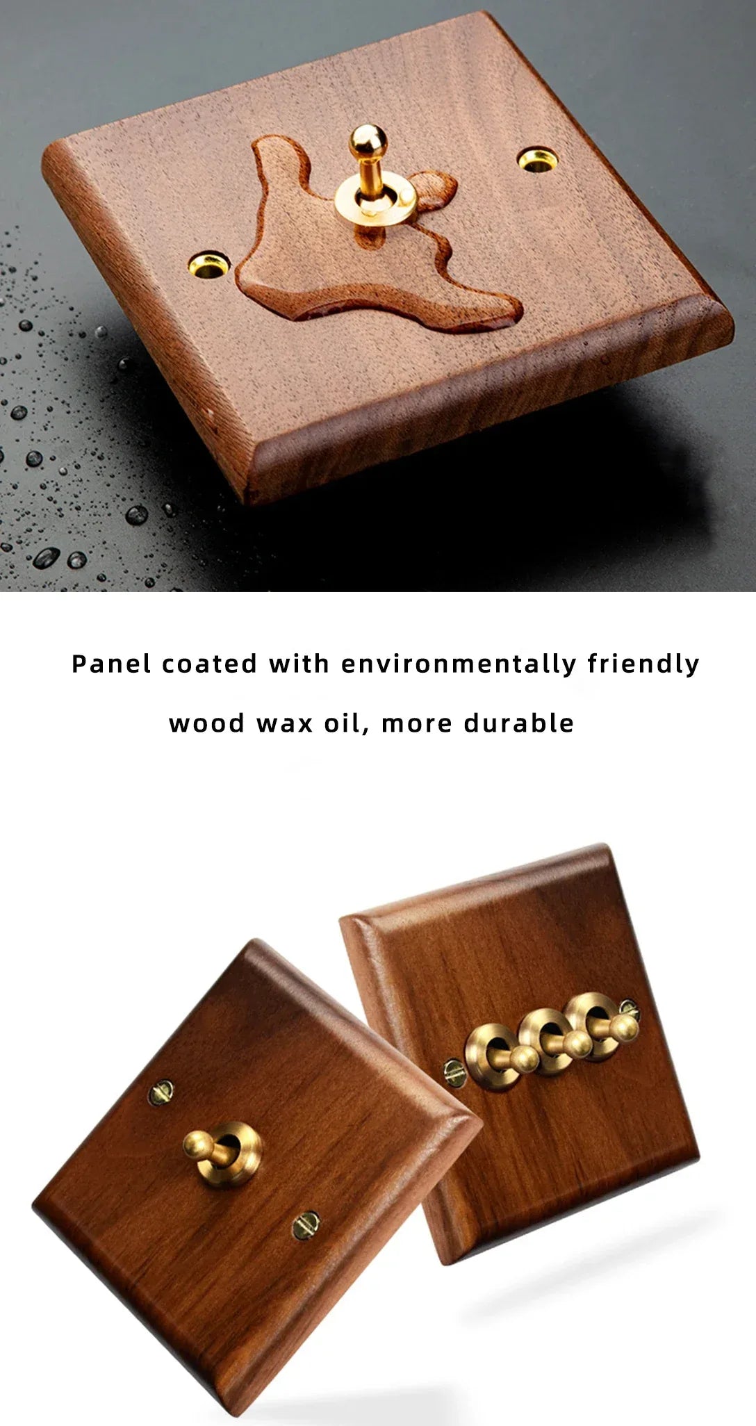 Black walnut retro European retro wall lamp switch socket, solid wood brass toggle switch board 1-4Gang 2Way antique home switch