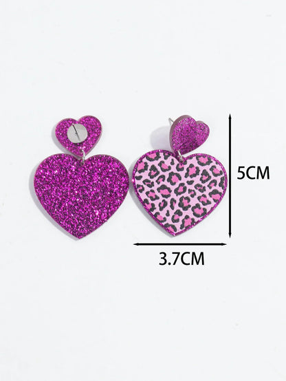 New Purple Glitter Leopard Heart Acrylic Dangle Earrings for Women Trendy Love Hanging Earring Jewelry Valentine's Day Gifts