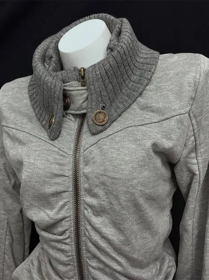 American Street Style Retro Pleated Turtleneck Zipper Hoodie Womens Grey Oversized Hoodie with Ribbed Cuffs Y2K Style Jacket