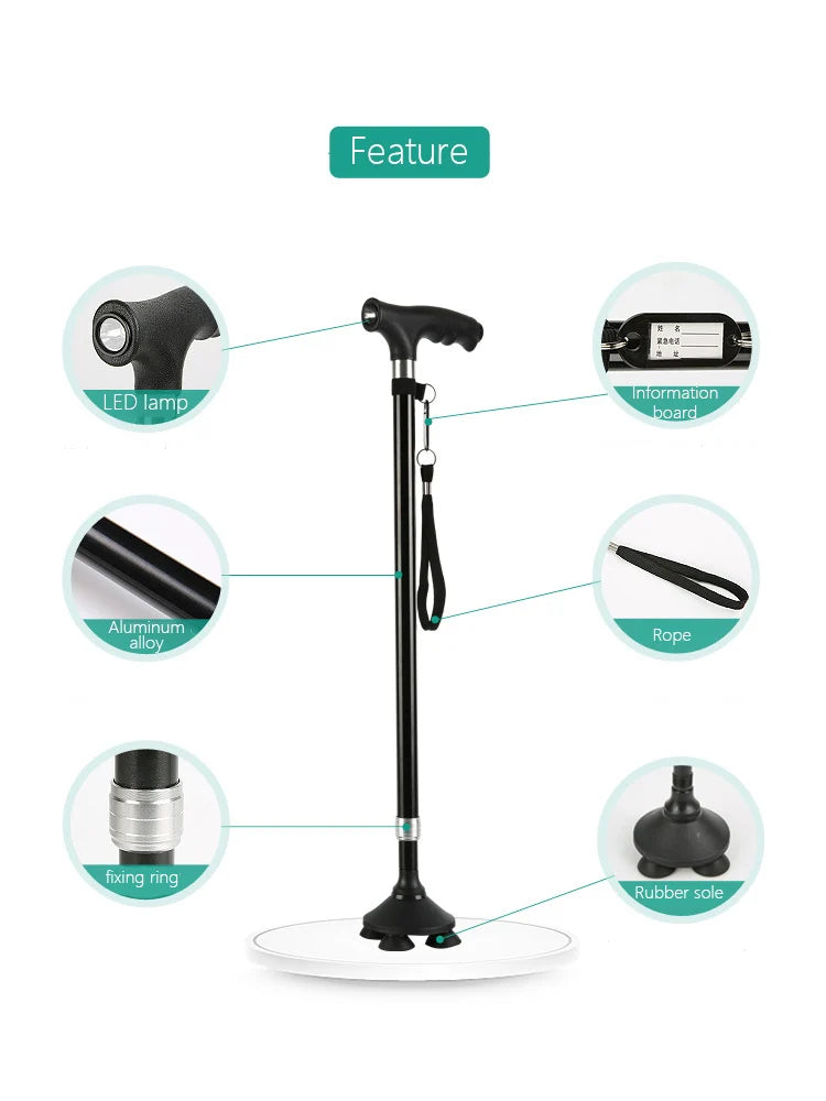1pc Old People Crutch 60-94cm Telescoping Aluminum Alloy Rod Walking Stick T-handle with Lamp