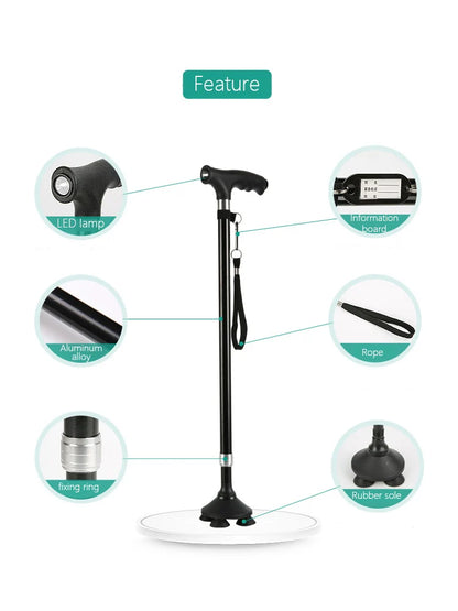 1pc Old People Crutch 60-94cm Telescoping Aluminum Alloy Rod Walking Stick T-handle with Lamp