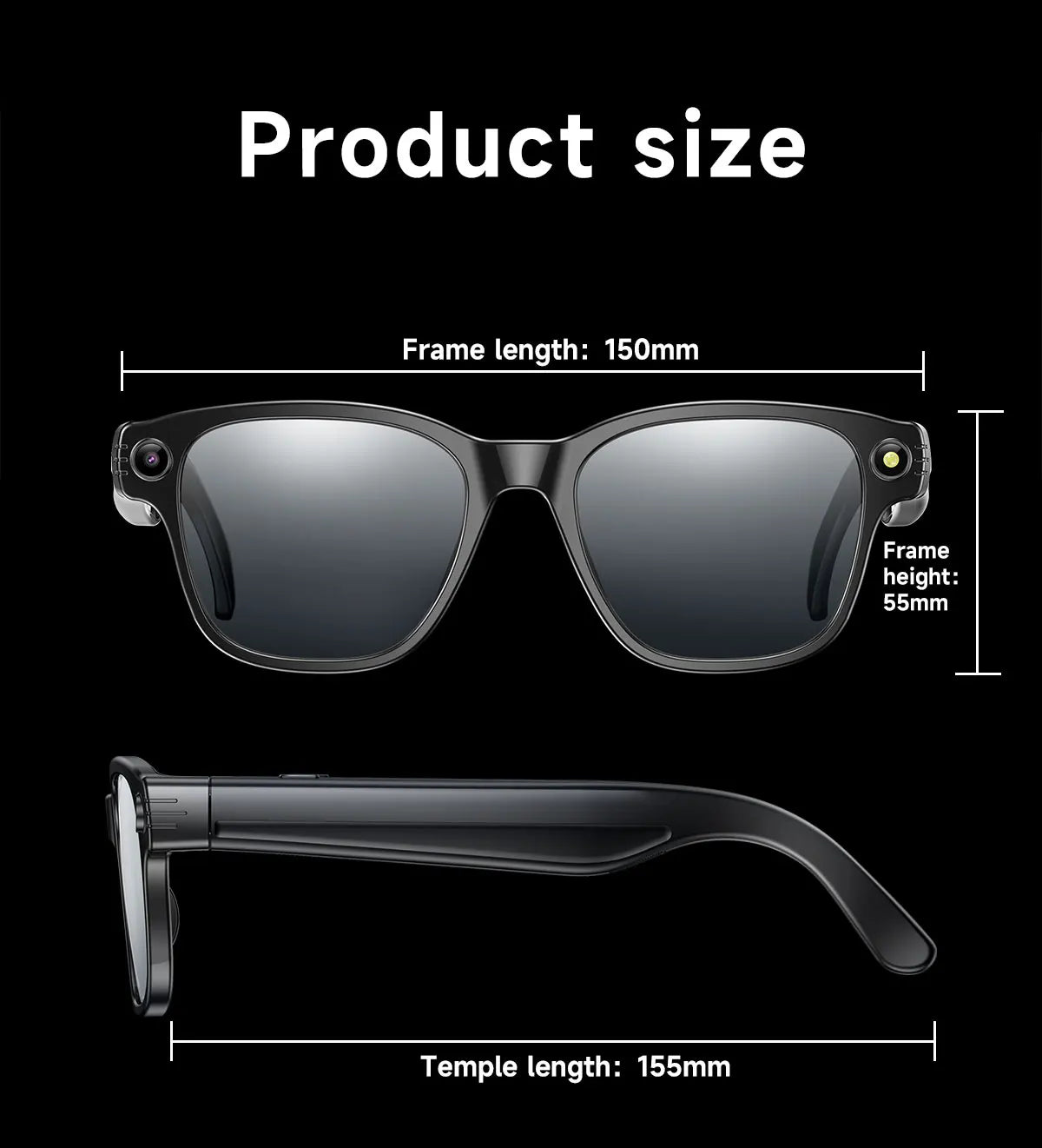 Lunettes intelligentes avec caméra HD 8Mpx, vidéo HD 1200p anti-tremblement, assistant vocal intelligent IA, traduction en temps réel et reconnaissance d'objets.