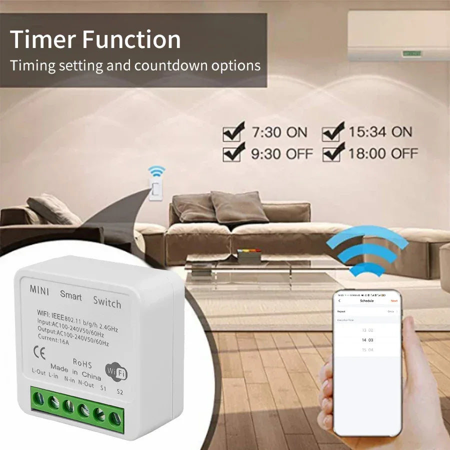 16A Mini Tuya Smart WiFi Switch RF433MHz Home Automation Breaker Voice Control With Alexa Google Home 100-240V 20A 2 Way Control