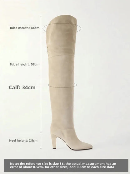 Autumn and Winter Women's Thick High-heeled Knee High Boots, Round Headed Cowhide Suede Fashionable Women's Plus Size Boots