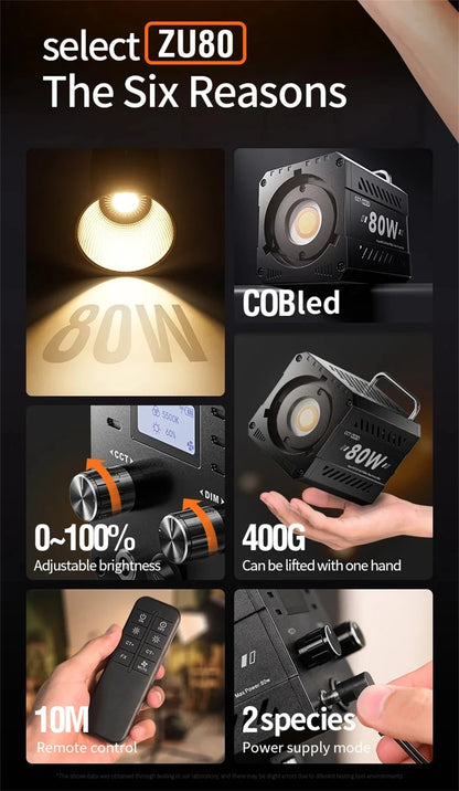 ZU80 COB Photo Studio Light Bi-Color 2500K-8500K LED Video Light CRI95+ TLCI97+ Photography Fill Lighting with Diffuser