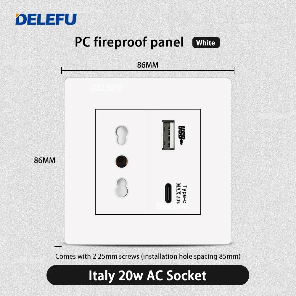 DELEFU86 PC White Flame Retardant Panel Italy Standard Wall Socket USB Type C Socket German Italian Socke EU Socket
