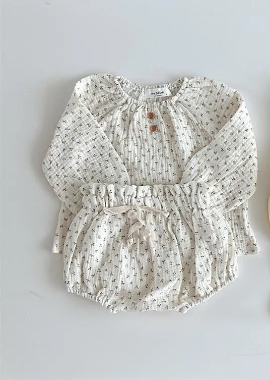 2024 Spring Newborn Floral Print Cotton Long Sleeve Tops+Shorts 2pcs Boy Girl Baby Loose Dots T-shirt Set Thin Infant Tees Suit