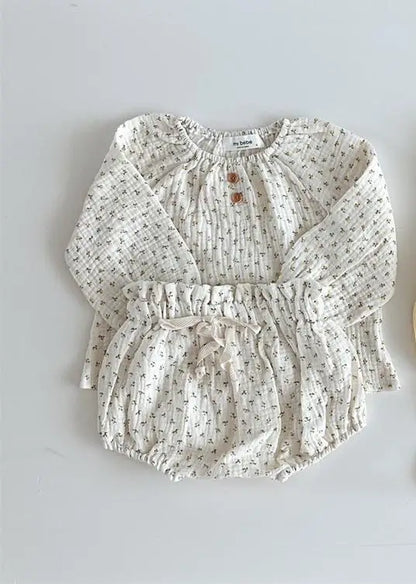 2024 Spring Newborn Floral Print Cotton Long Sleeve Tops+Shorts 2pcs Boy Girl Baby Loose Dots T-shirt Set Thin Infant Tees Suit