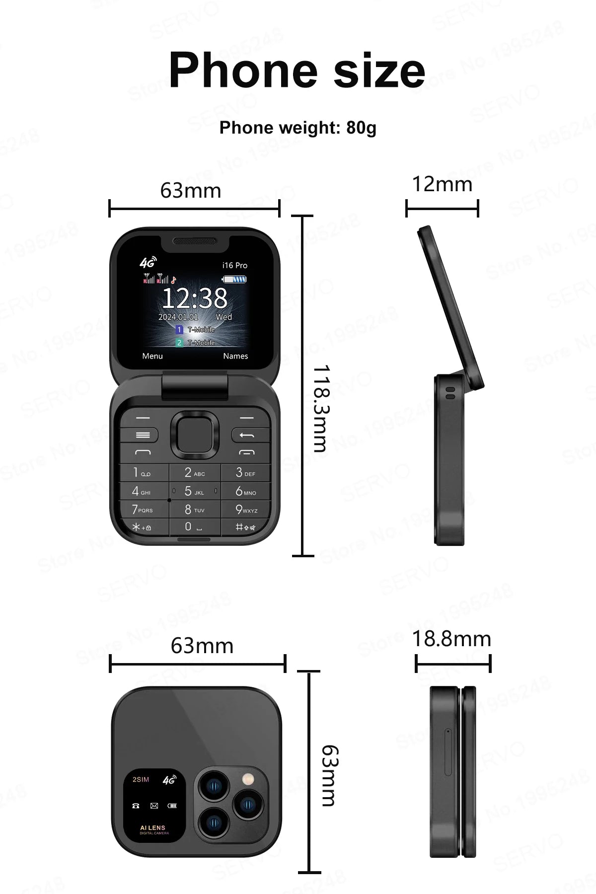SERVO i16 PRO 4G LTE Mini Flip Mobile Phone Dual SIM Standby Call Recording Speed Dial FM Radio 1.77" Screen Foldable Cellphones
