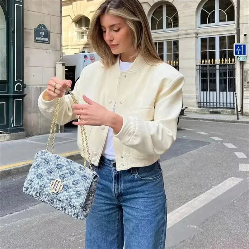 EDSA Woman Bomber Jacket White Autumn Winter Button Cropped Jackets for Women Fashion Long Sleeve Crop Outerwear