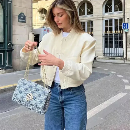 EDSA Woman Bomber Jacket White Autumn Winter Button Cropped Jackets for Women Fashion Long Sleeve Crop Outerwear