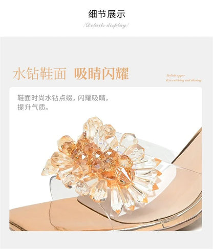 2023 Summer Square Head Open Toe Fashion Transparent Soft Flower Women's Slippers Crystal Heel New High Heel Sandals