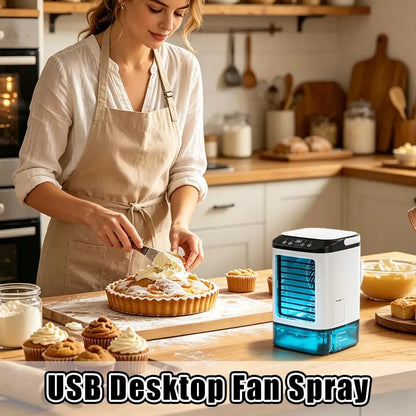 USB Mini Evaporative Air Cooler Desktop Spray Humidifier Fan 900ML Water Tank, Portable Water Cooling Fan for Home Office Use
