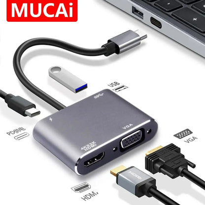 USB C HUB Adapter 4-in-1 with USB 3.0 HDMI VGA for MacBook Nintendo Samsung Huawei Xiaomi Laptop Desktop Computer