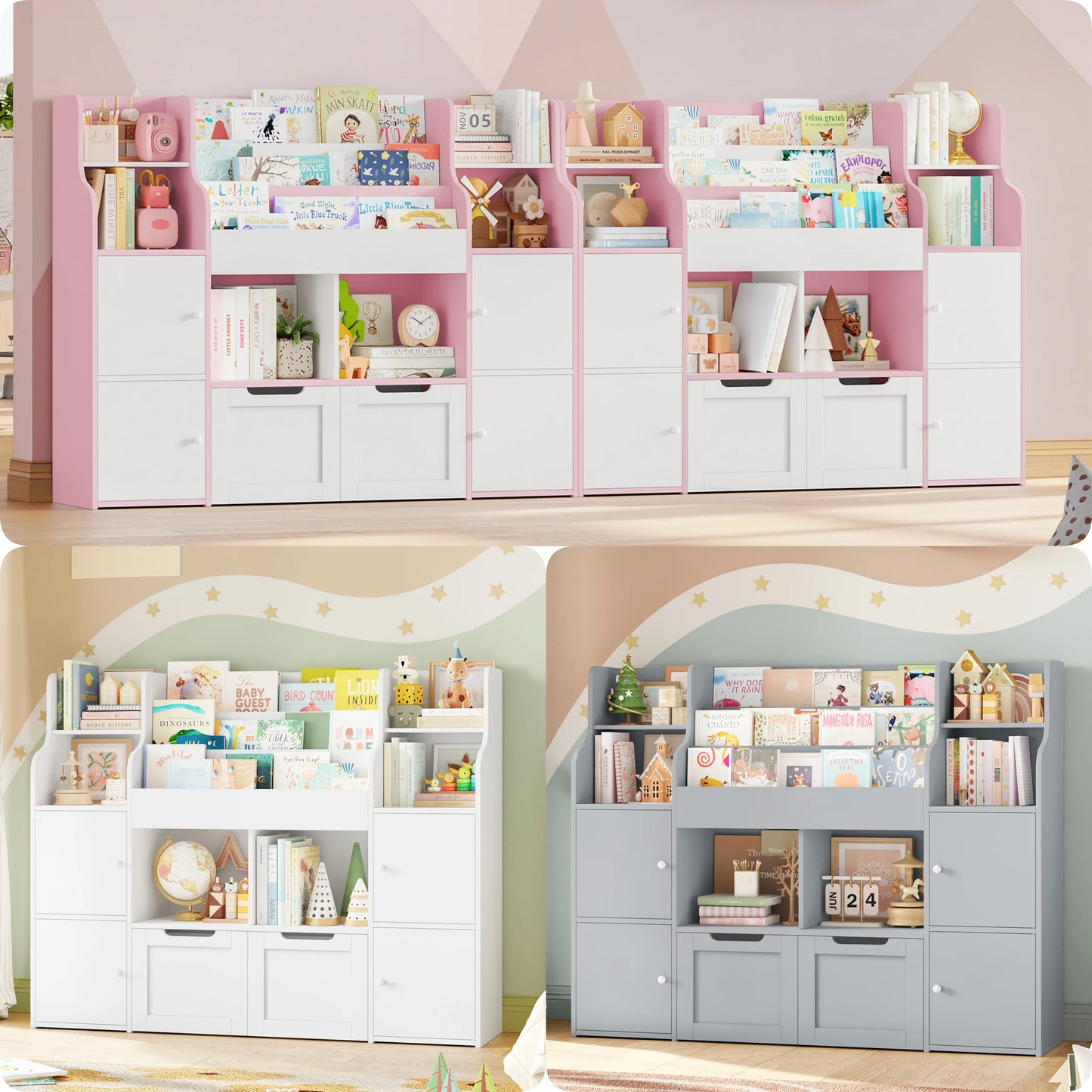 Getone Toy Storage , Childrens Bookcase,Unit 3-tier Kids Bookshelf, Kids Storage with 2 Drawers with Wheels, 4 Doors, 6 Open Shelves,multi-functional toy storage unit122x30x100cm