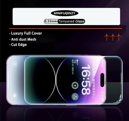 Cut Edge Anti Dust Mesh 0.5mm Privacy Tempered Glass For iPhone 17 15 16 Pro Max Screen Protector 17 Air Plus Luxury Full Cover