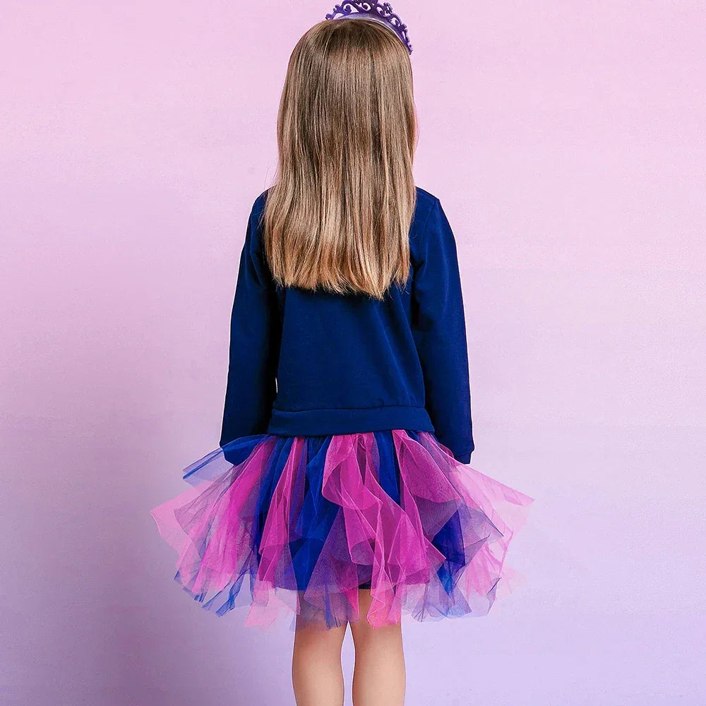 DXTON Autumn Winter Girls Clothing Flower Sequined Long Sleeve Children Sweater Dresses Mesh Patchwork Princess Cotton Dresses