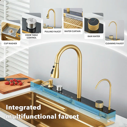 Golden Double Waterfall Sink Stainless Steel Kitchen Sink Embossed Large Single Slot Wash Basin Washing Pond For Kitchen