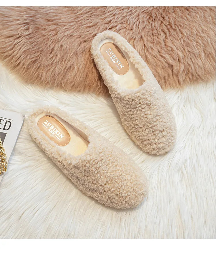 Big Size 43 Women Lambswool Slippers Winter Sheep Fur Shoes Ladies Flat Cotton Slides Home Pantuflas Daily Slip On Furry Mules