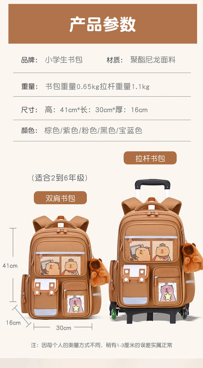 Capybara Children Cartoon School Backpack with Wheels Students Bags for Girls Boys Trolley  Schoolbag Rolling Wheeled Backpacks