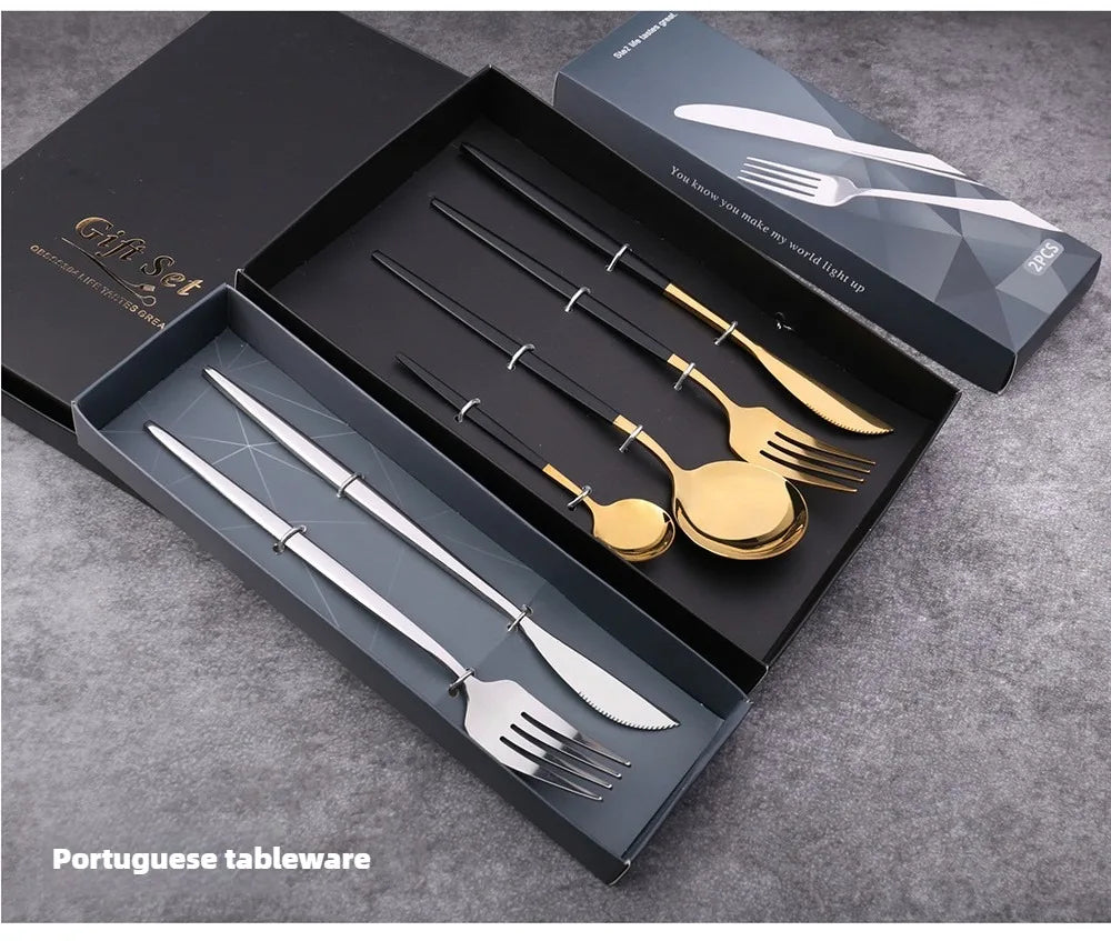 2PC/4PC Cutlery Set Stainless Steel Glossy Titanium Black Gold Cutlery Knife Fork Spoon Tea Spoon Set Kitchen Accessories
