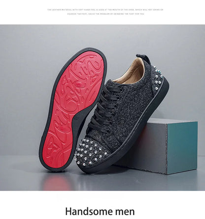 New Fashion Silver Trainers Glitter Spiky Shoes Men Lace Up Sneakers Low Top Shoes Red Sole Man Designer Sneaker With Spikes