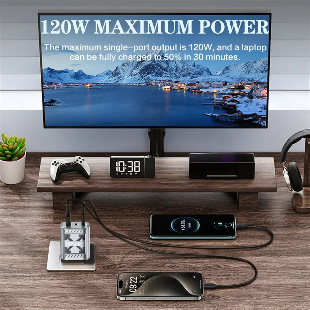 Total 120W USB C PD Charger QC 3.0 Type C Fast Charging Phones Wall Adapter for iPhone 16 Samsung Xiaomi POCO 3 In 1 USB Charger