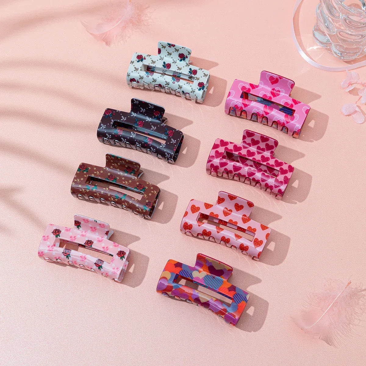Valentine's Day Romantic Pink And Red Heart Grab Plastic Clip Large Square Hair Claw Back Updo Shark Clip Gifts For Grilfriend