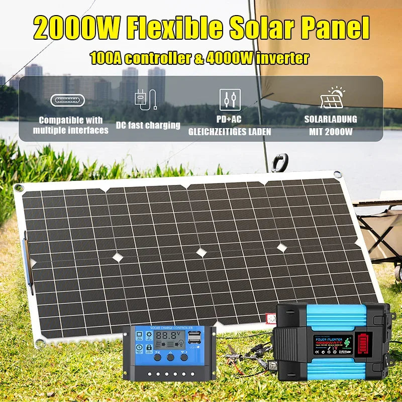 110V220V 6000W Flexible Solar Panel System Kit  12V Battery Charger Controller  Inverter Complete For Home Outdoor Capming