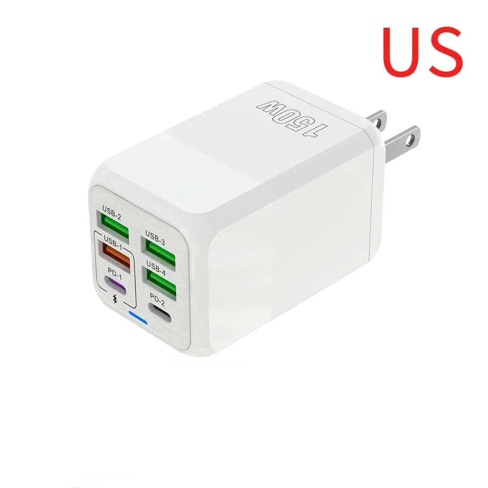 150W Multi Port USB Charger 6 Ports Fast Charge Phone Charger Wall Adapter For iPhone Samsung Xiaomi EU/US/UK Plug Quick Charger