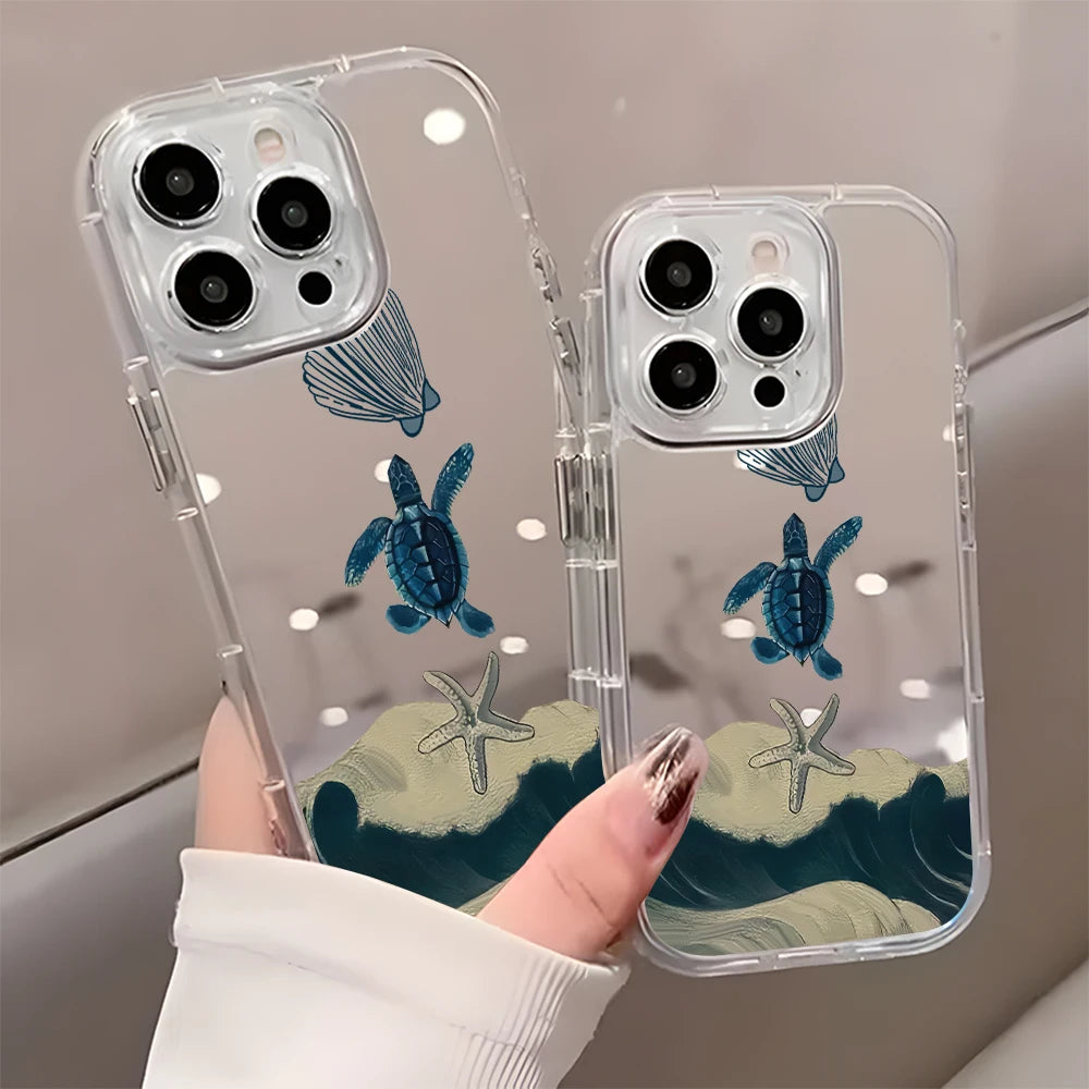 Ocean Turtle Beach Pattern Back Mirror Phone Case for IPhone 11 12 13 14 15 16 17 Pro Max X XR XS 7 8 Plus Air Shockproof Cover