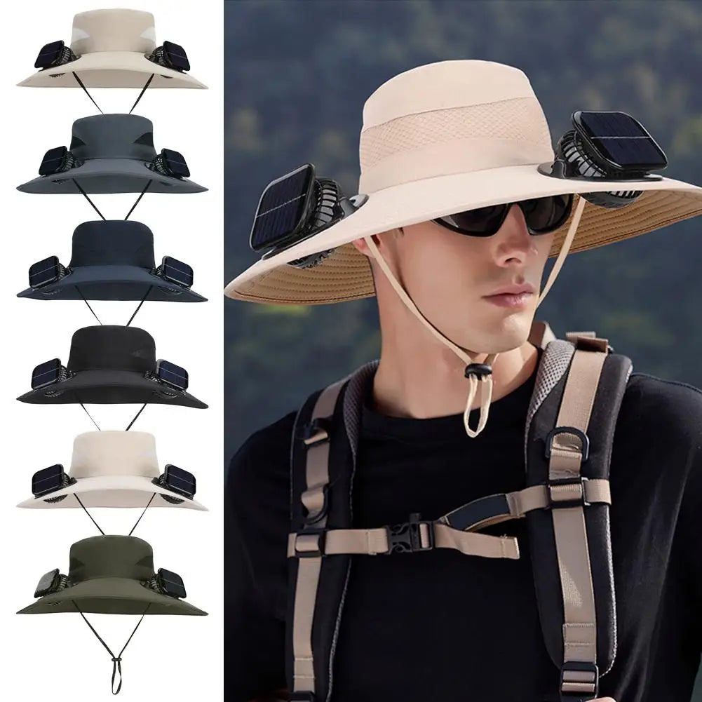Solar Fan Hat for Men Women, Wide Brim Sun Protection Hat with Dual Solar Fans, 2-in-1 Hands-Free Cooling Cap for Hiking & Work