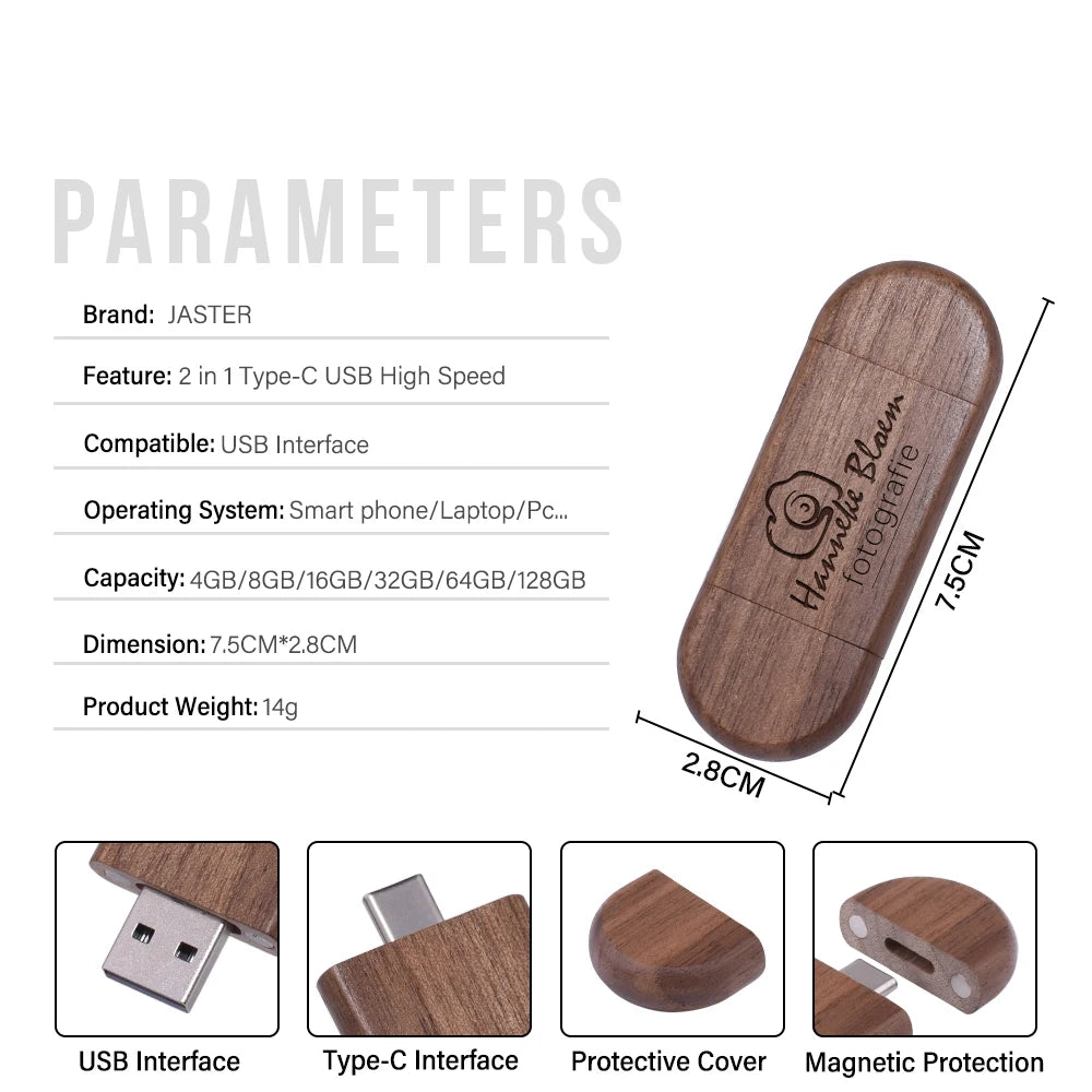 2 IN 1 TYPE-C USB 3.0 Flash Drive 128GB Free Custom Logo Pen Drive 64GB Wooden Pendant Memory Stick 32GB Creative Wedding Gift
