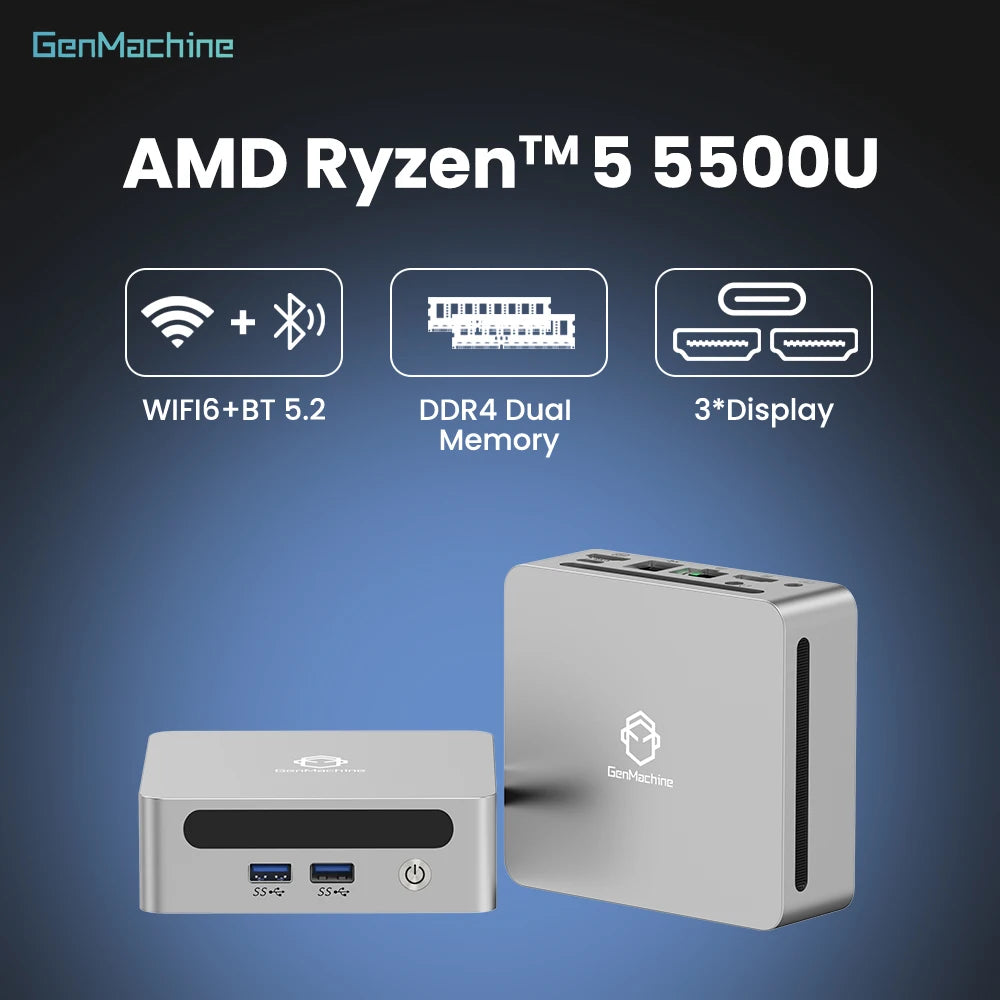 Genmachine AMD Ryzen 5 5500U Mini PC - 6C/12T Efficient Performance, 15W TDP, Radeon Graphics, 4K WiFi6, Diy Gaming Computer