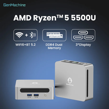 Genmachine AMD Ryzen 5 5500U Mini PC - 6C/12T Efficient Performance, 15W TDP, Radeon Graphics, 4K WiFi6, Diy Gaming Computer