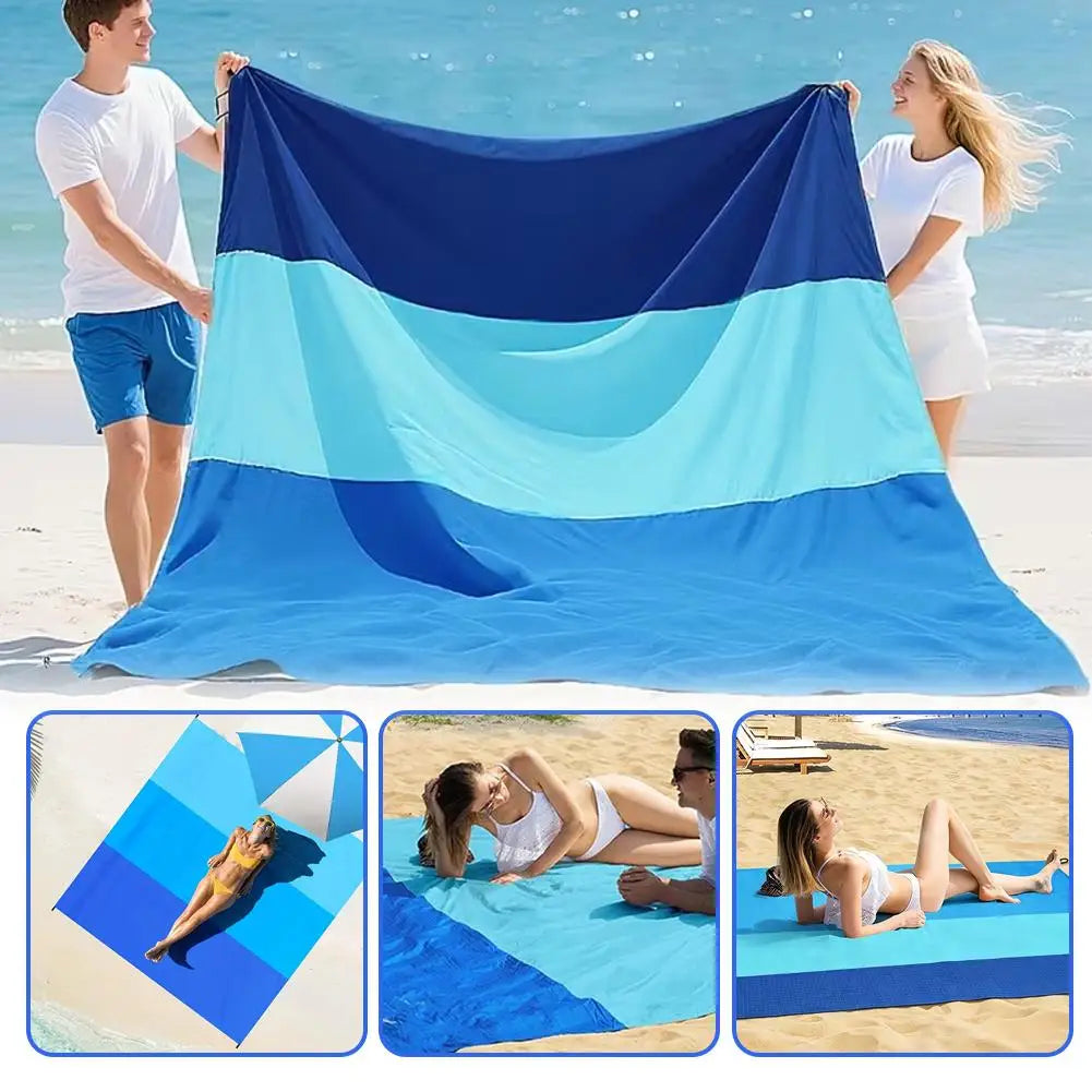 200x210cm Sandproof Waterproof Beach Mat, Foldable 3-Color Spliced Outdoor Picnic Blanket, Lightweight Pocket Camping Mat