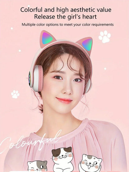 New Flash Light Cute Cat Ears Wireless Headphone with Mic Control LED Kid Girl Stereo Music Helmet Phone Bluetooth Headset Gift